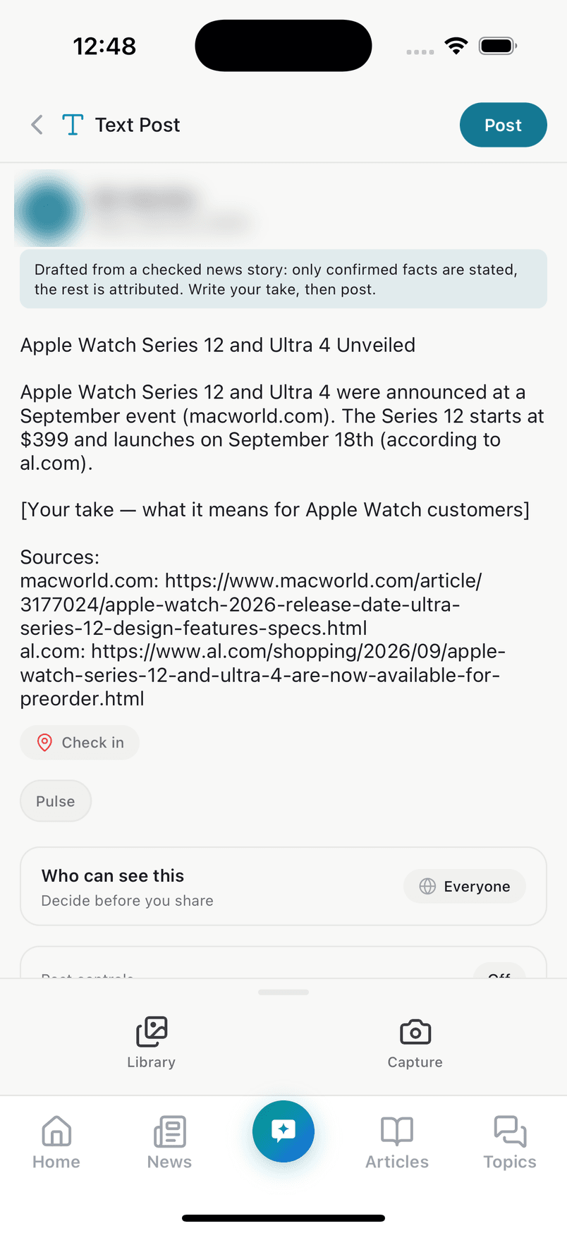 The TrueSay composer with a post drafted from the checked story: the confirmed fact credited to macworld.com, the price attributed according to al.com, a line reading Your take to fill in, and the sources. A note says only confirmed facts are stated. The account name is blurred.