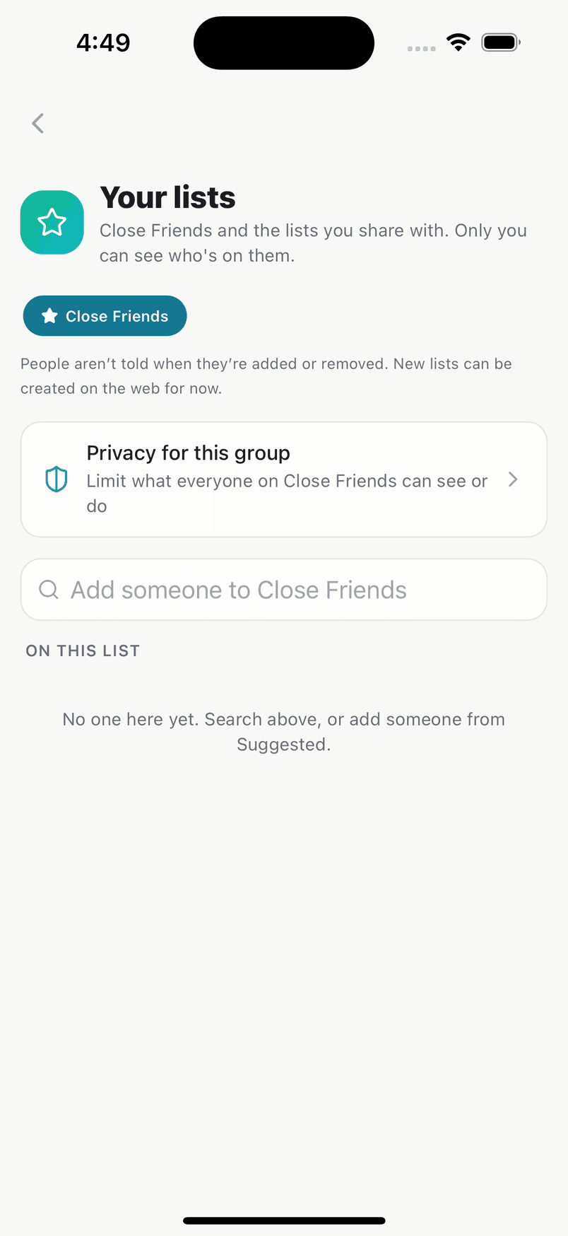 Your lists in the TrueSay app, with the Close Friends list. A note says people aren't told when they're added or removed.